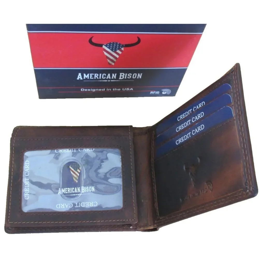 Men's Distressed Leather American Flag Bifold Brown Embossed Leather Wallet NIB